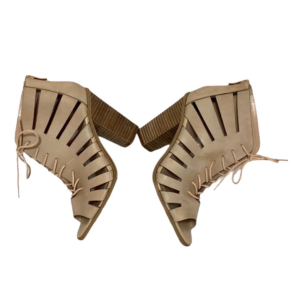 Tan Faux Leather Caged Lace-Up Booties 8 - Picture 4 of 12